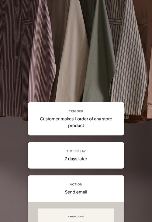 Ein Beispielablauf von Automatisierungen für die Journey von E-Mail-Abonnent:innen. Der Flow-Trigger lautet „Ein:e Kund:in bestellt 1 ein beliebiges Shop-Produkt“. Die Zeitverzögerung beträgt „7 Tage später“. Und die Aktion ist „E-Mail senden“ mit dem Newsletter-Bild.